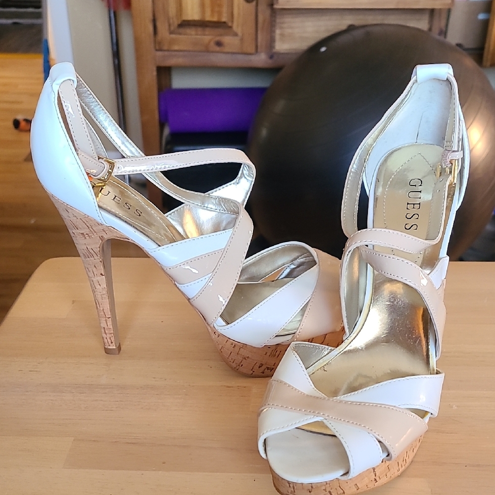 Guess Elegant White and Tan Strappy Heels